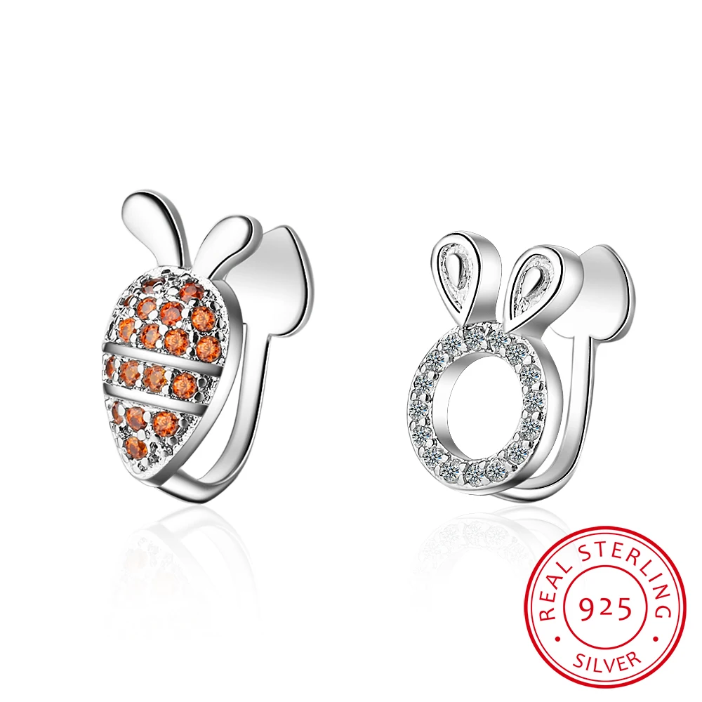 New Collection Standard 925 stamp silver color Cute Rabbit & Carrot Clear Cz Clip Earrings Asymmetric Ear Nail For Women Jewelry