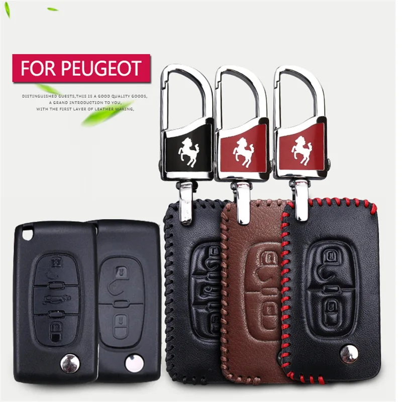 Genuine Leather Car Key Cover Case For Peugeot 206 307 308 207 407 208 2008 508 406 3008 Key Ring Holder Accessories Funda Llave