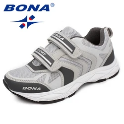 Bona mocassins infantis casuais de malha, novo estilo fashion com gancho e laço, sapatilhas para meninos e meninas, tênis confortáveis ao ar livre