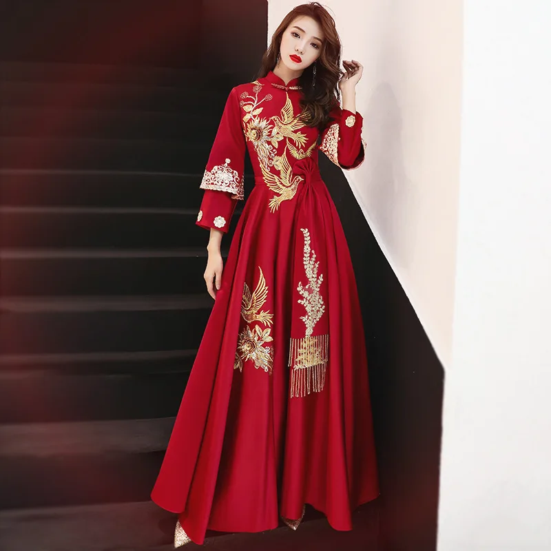 Chinese Traditional Embroidery Long Cheongsam Dress Vestidos Chinos Oriental Qipao Evening Gowns Classic Party Dress Size S-XXL