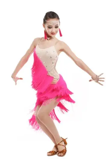 

Children's Professional Latin Dance Performance Clothing New Girls Bright Drilled Tassel Latin Dance Skirt Latin Match Clothing
