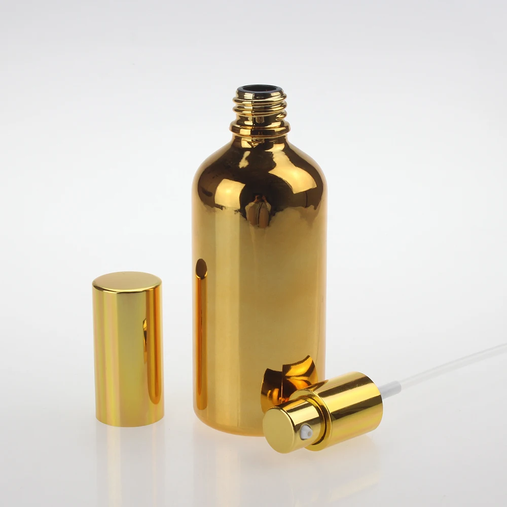 Luxus glas parfüm flasche 100ml, gold und silber mit glänzenden silber und gold mini spray pumpe flasche 100ml