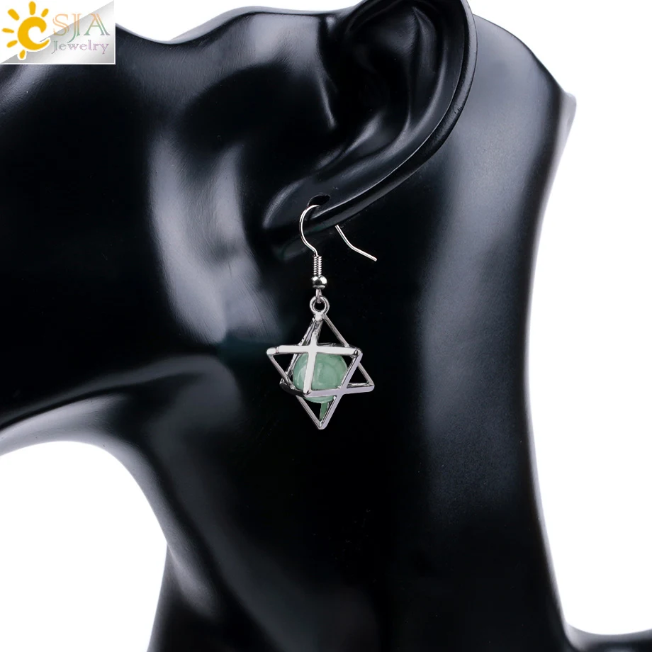 CSJA Natural Stone Hexagram Earrings Merkaba Hollow Star Purple Crystal Round Bead Drop Earring Reiki Fashion Women Jewelry F878