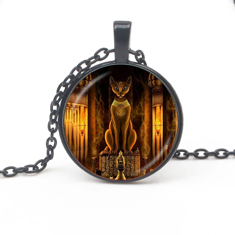 Popular Ancient Egyptian Cat Goddess Statue Pendant Necklace Glass Round Pattern Hanging Chain Men Women Accessories Gift Friend