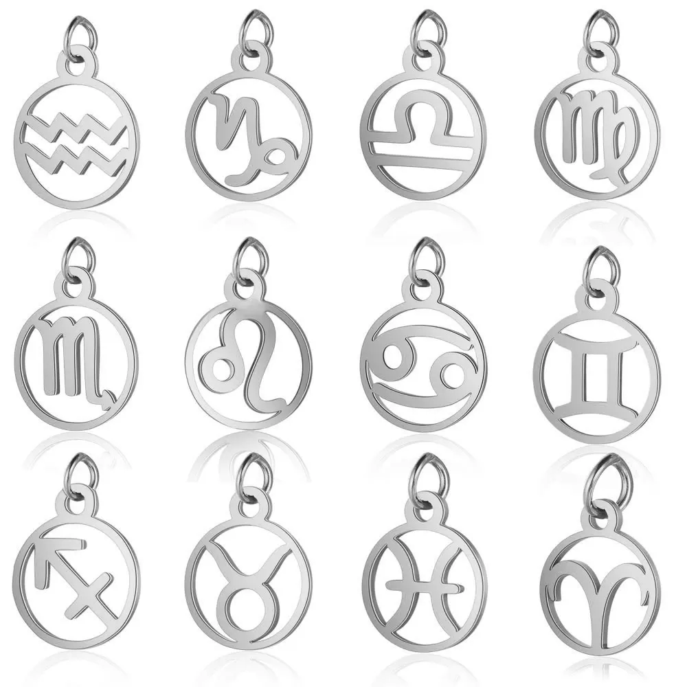 12pcs/lot Stainless Steel Zodiac Charm DIY Constellation Pendants with Jump Ring for Making Jewelry Accessories Wholesale