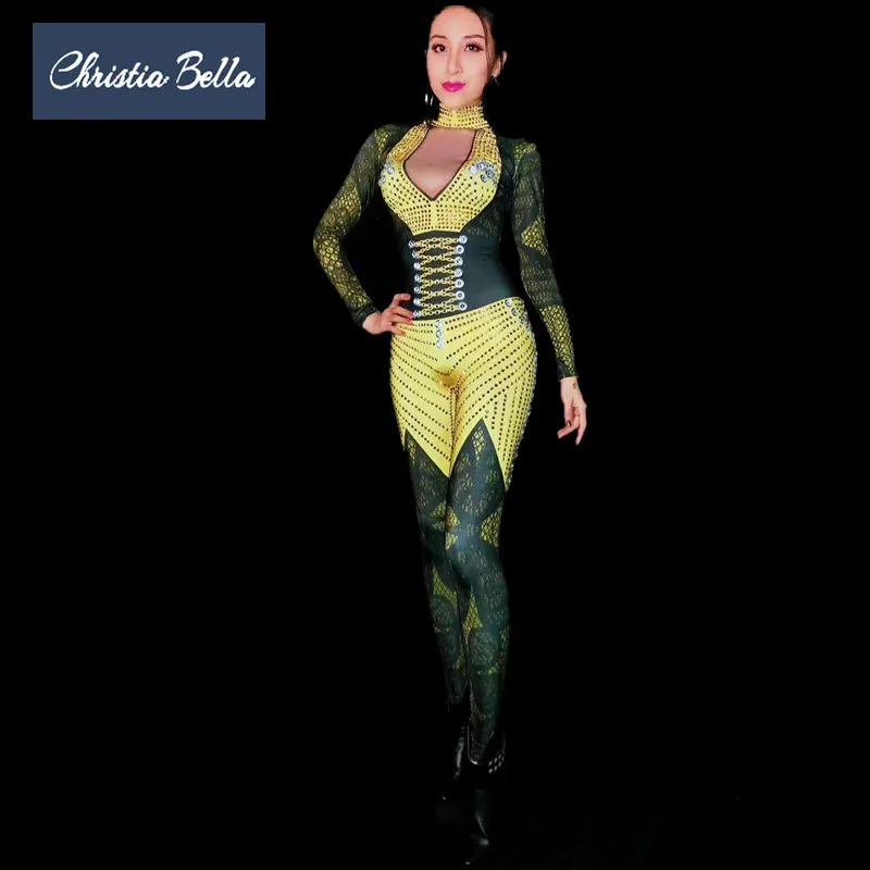 Christia Bella Luxury Gold Print Strass Tuta Donna Sexy Stretch Elastico Pagliaccetti Nightclub Body Cantante Costume di scena