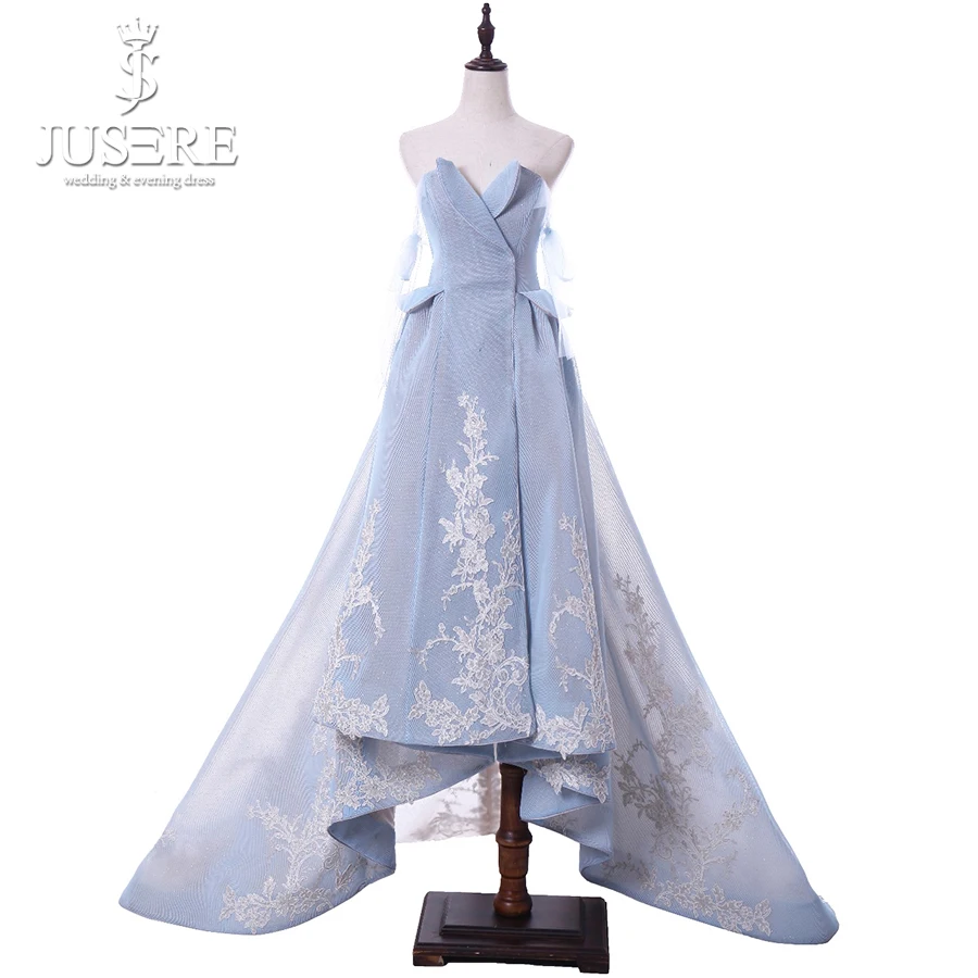 

Jusere Design Light Blue High Low Prom Dress Off Shoulder Sleeveless Party Gowns Vestidos de fiesta Real Photos