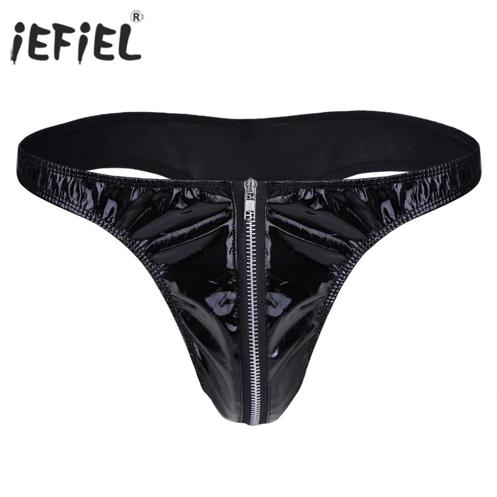 iEFiEL Men\'s Lingerie Jockstraps Gay Briefs with Front Zipper Open PU Leather Underwear Underpants Sissy Sexy Gay Male Panties