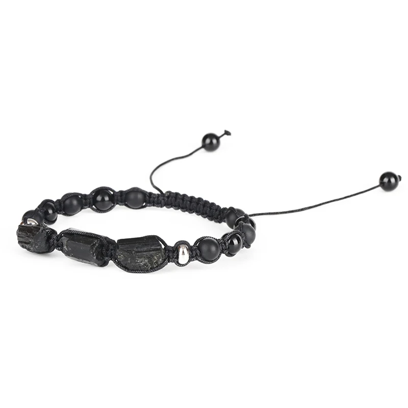 Natural Rough Black Tourmaline Healing Stone Bead Matte Onyx Alternate Lava Nylon Rope Unisex Adjustable  Energy Bracelet Gift