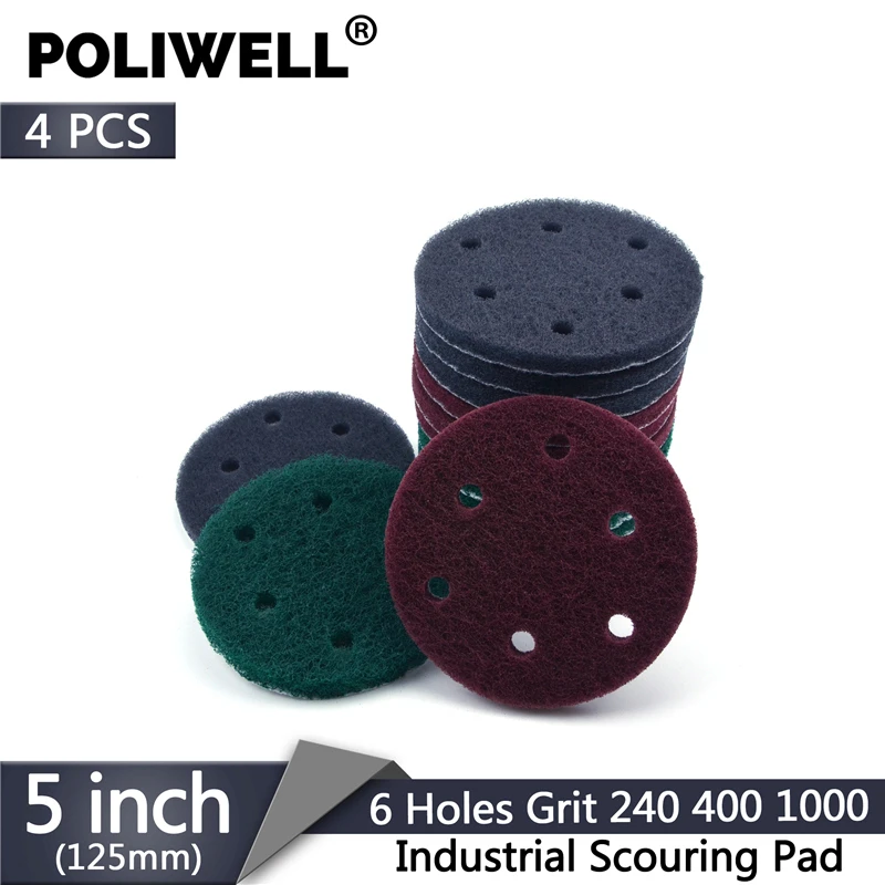 POLIWELL 4PCS 5 Pollici 6-Hole Affollamento Industriale Purga Pad Grit 240 400 1000 Heavy Duty Nylon Scrub pad per la Pulizia Della Cucina