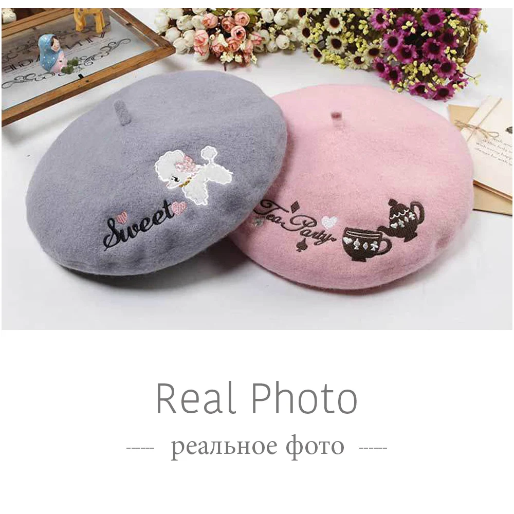 Brieuces 2024 Princess sweet lolita College style embroidery Alice unicorn Winter warm unicorn cherry vintage 100% wool beret