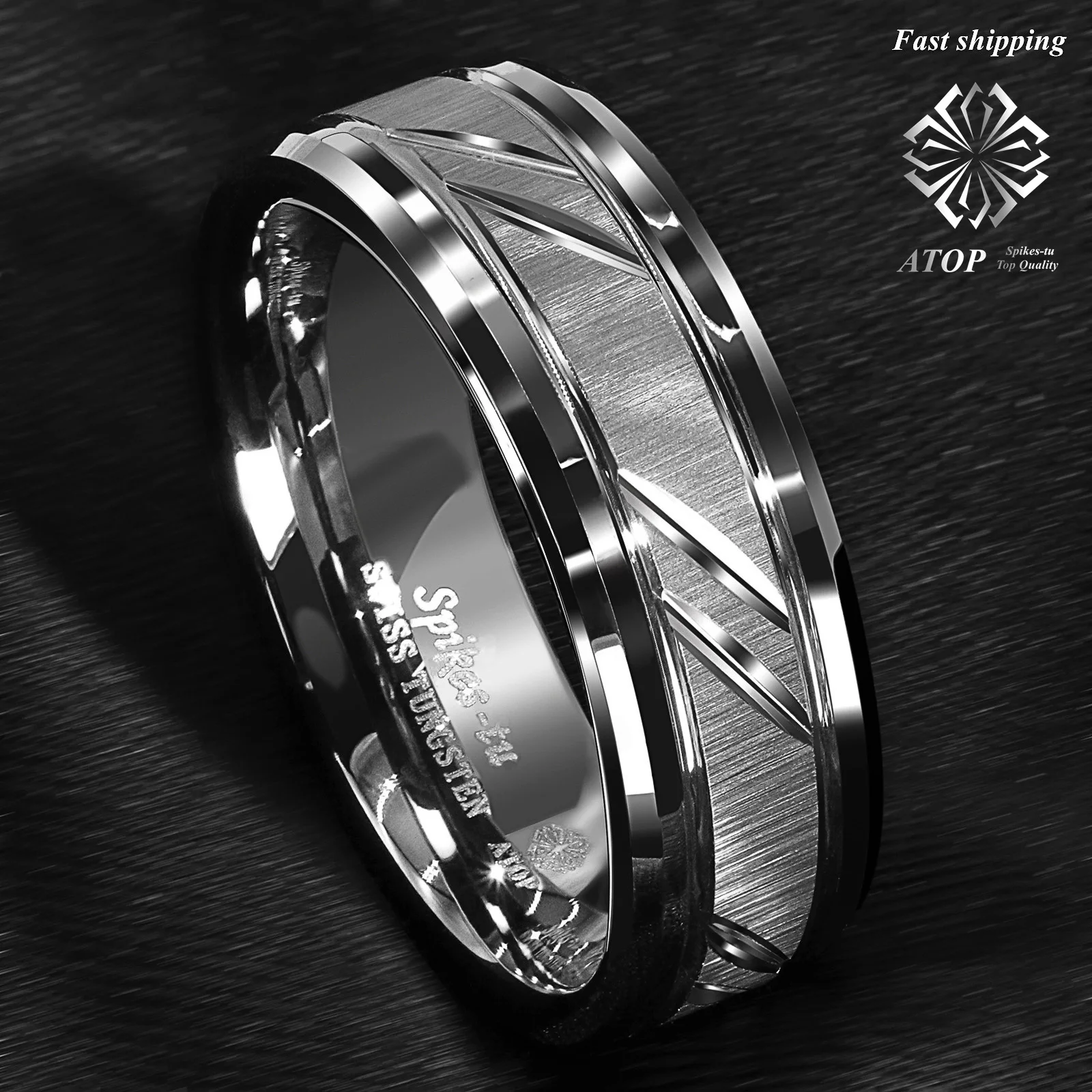 8mm Tungsten Carbide Ring Silver leaf New Brushed Style Bridal ATOP Jewelry