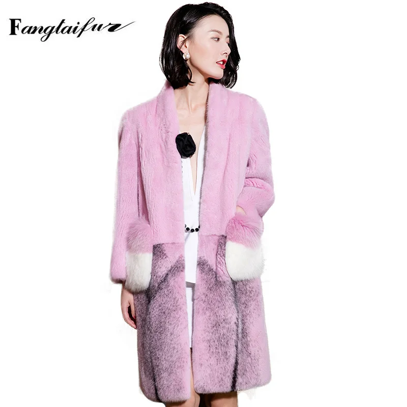 

Ftangaiur New Winter Import Velvet Mink Fur Coat Mandarin Collar Patchwork Slim Mink Coat Women Pink Medium Real Mink Fur Coats