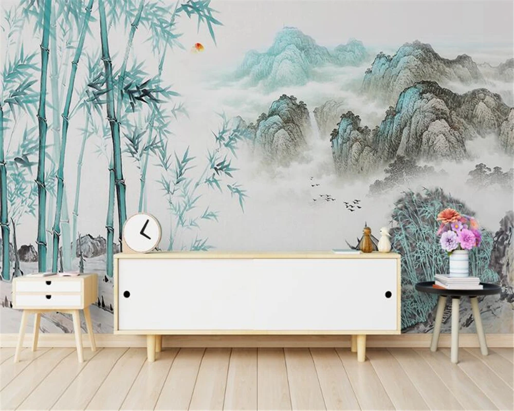 

beibehang New Chinese mood abstract abstract ink landscape bamboo living room ultra silky wallpaper background painting behang