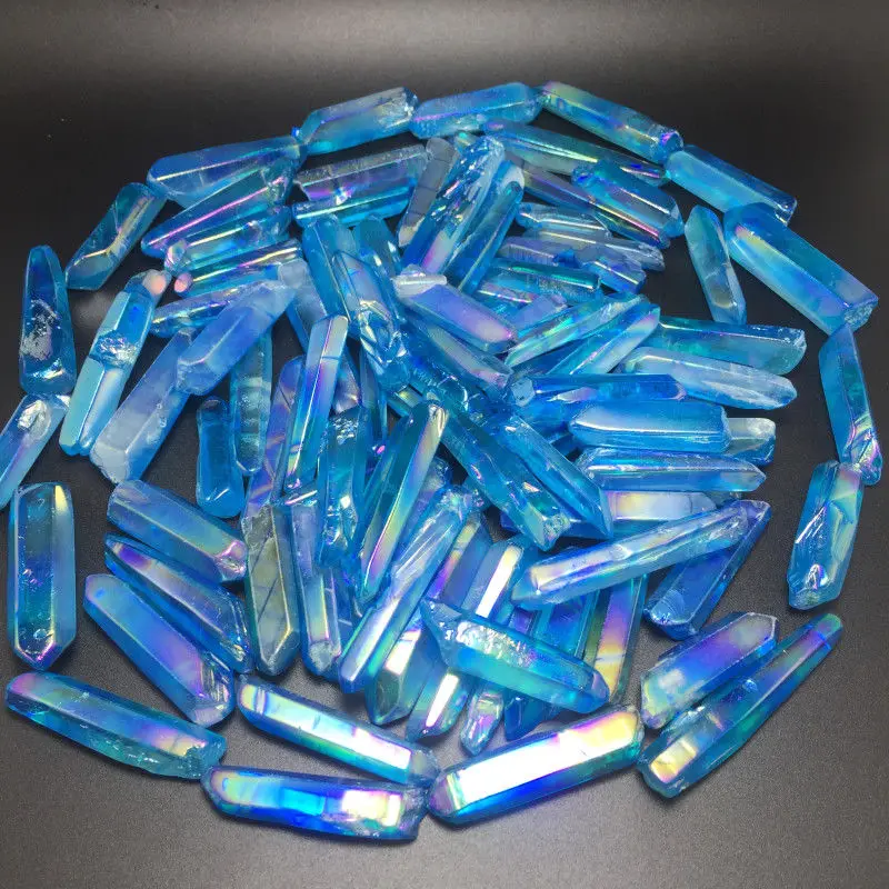 50g Electroplated blue Titanium Rainbow Aura Lemurian Quartz Crystal Point Healing Stones Decor Natural Quartz Crystals