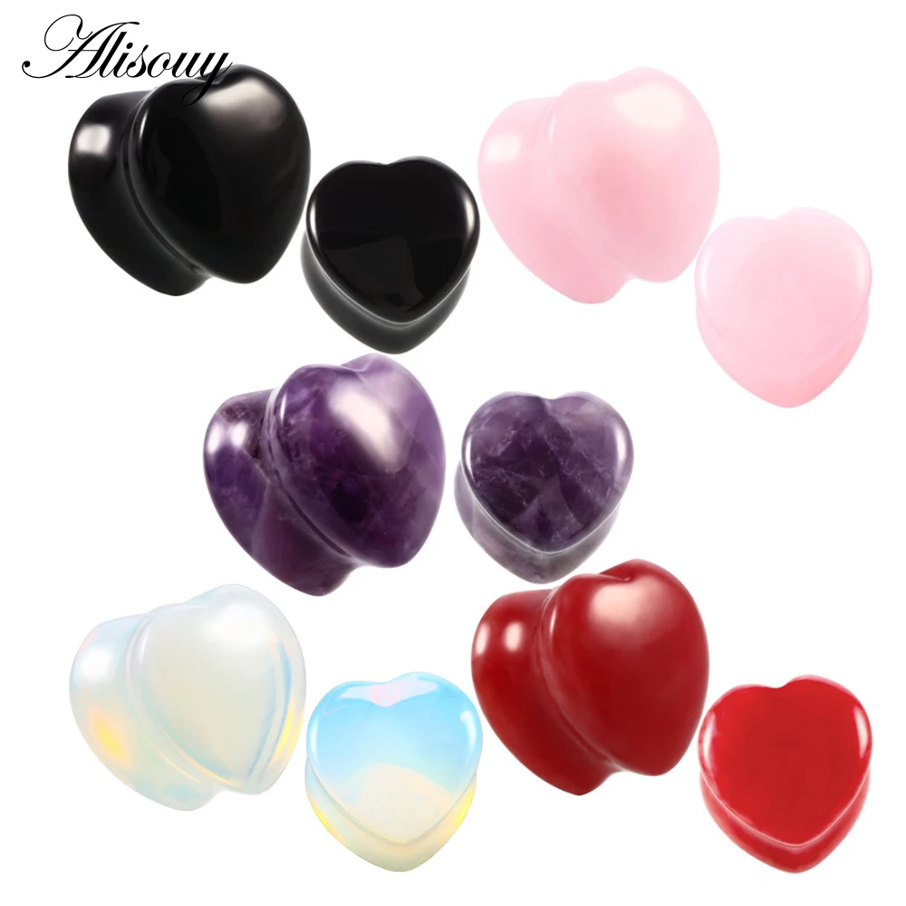 Alisouy 1 Pair Beautiful Pink Heart Stone Ear Plug Fashion Expander Extension Tunnels Piercing Piercing Body Jewelry 6mm-25mm