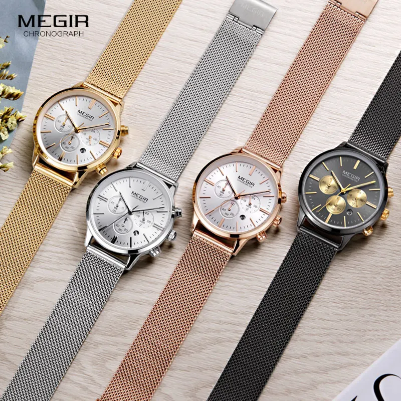 MEGIR Women\'s Chronograph Steel Quartz Watches Fashion Waterproof Luminous 24-hour Analogue Wristwatch for Woman Lady 2011L-1N3