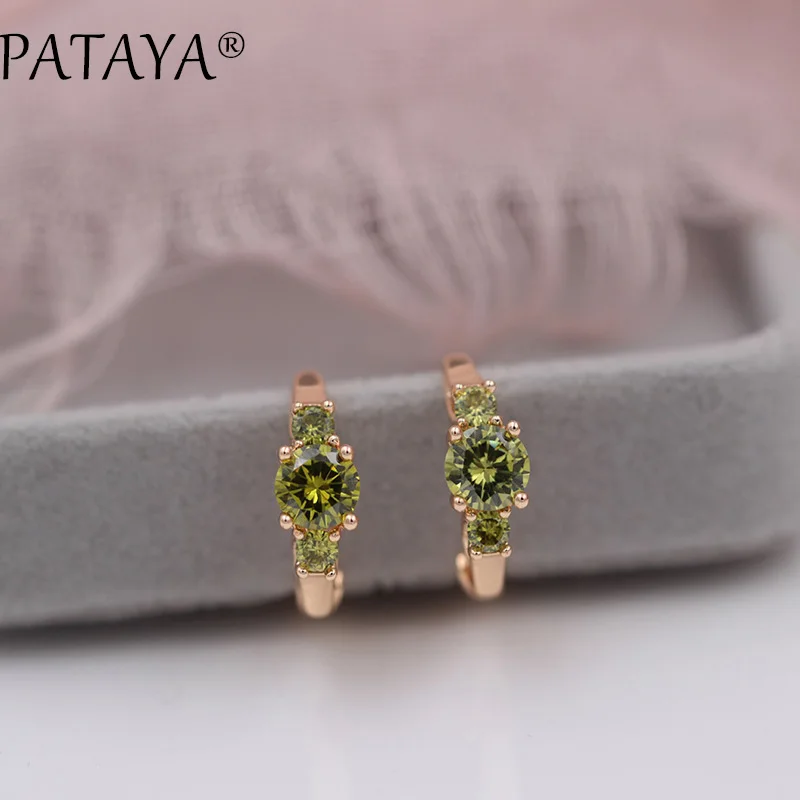 PATAYA New Arrivals 585 Rose Gold Color Drop Earrings Round Green Natural Zirconia Girl Women India Wedding Jewelry Multicolor