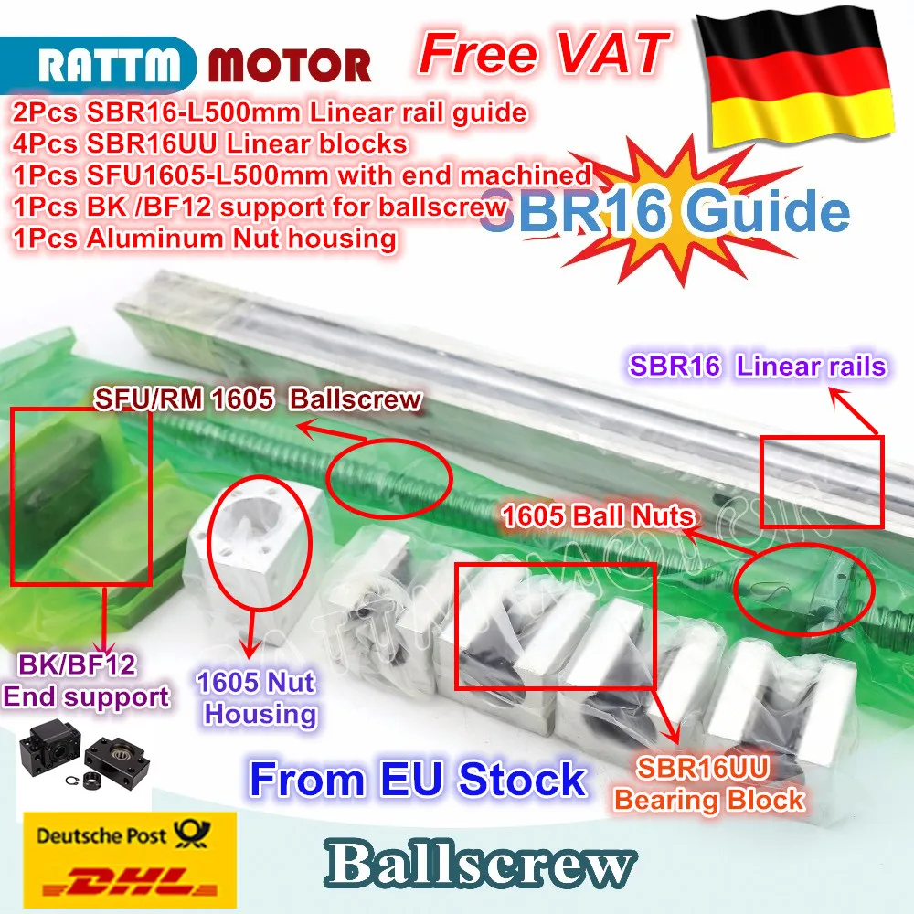 DE ship / free VAT Ball screw SFU1605 & 2Pcs linear guide SBR16 L500mm +4PC SBR16UU & BK/BF12 from RATTMMOTOR