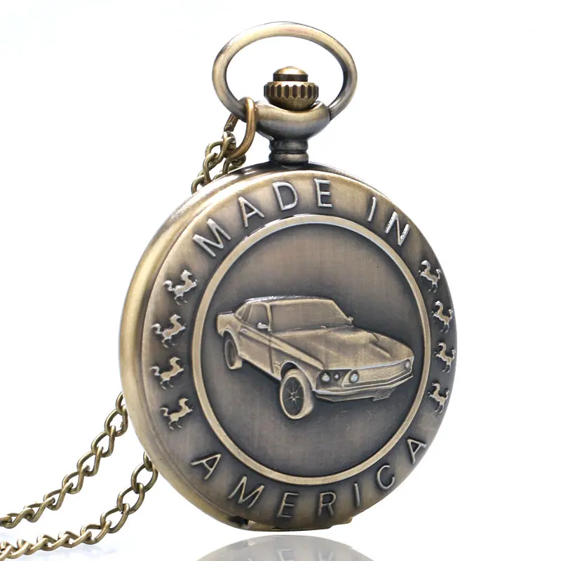 Retro Bronze Mustang Pattern Car Quartz Pocket Watch Necklace Chain Men Women Pendant FOB Watches Pendant Chain Vintage Gifts