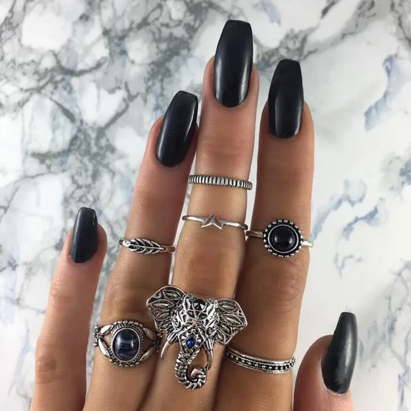 7pcs/set Vintage Stylish Punk Black Blue Opal Elephant Ring Set for Women Boho Carved Knuckle Midi Rings Set Party Gift
