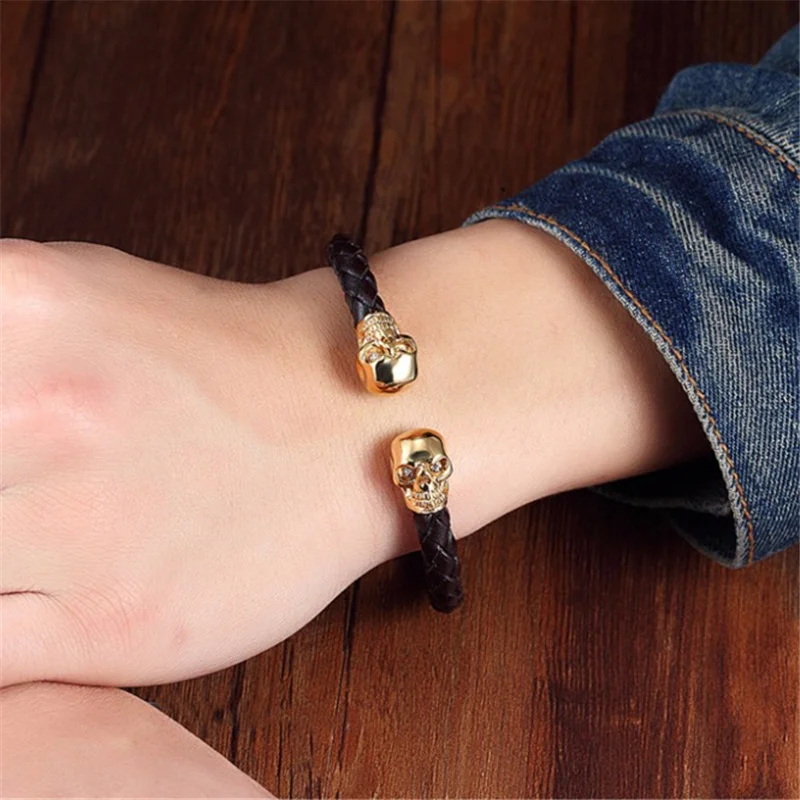 Vintage 3 Colors Skull Bangles Hand Made Top Quality Adjustable Length Stainless Steel Leather Bracelet Charm Bracelets Men Gift