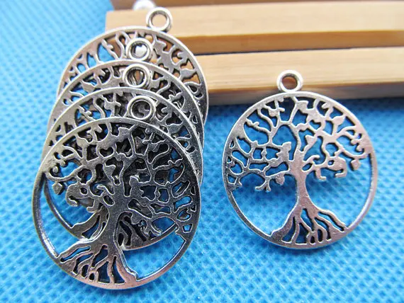 15pcs Antique Silver tone/Antique Bronze Hollow Filigree Lucky Wish Tree of Life Round Connector Pendant Charm/Finding,DIY