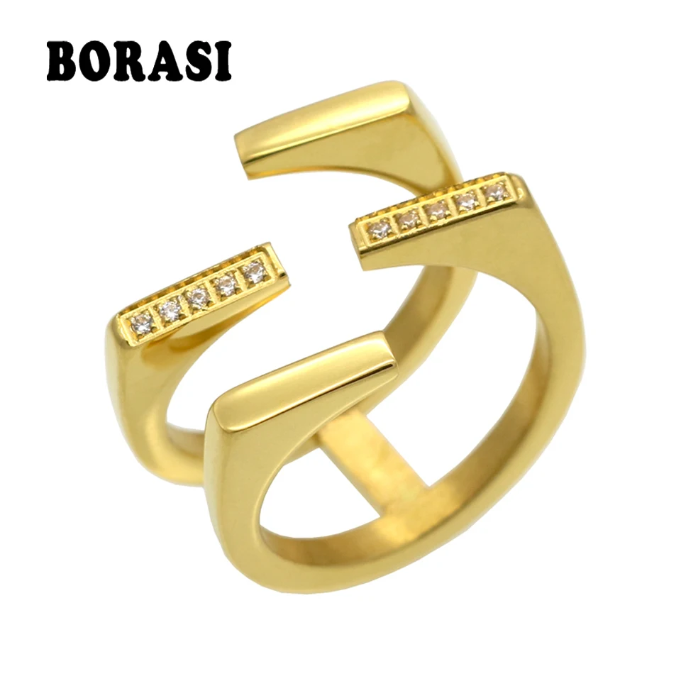 Gold Color Unique Geometric Design CZ Ring Female Stainless Steel Paved Austrian Crystal Ring Fashion Women Jewelry Gift