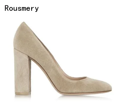 

New Hot 2017 Round Toe Slip-on Shoes Thick High Heels Dress Shoes Woman Suede Leather Chunky Heels Women Pumps Free Shipping