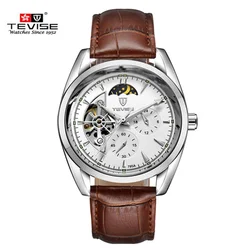 TEVISE Automatic Mechanical Watches Men Tourbillon Waterproof Moon Phase Man Watch Luminous Male Clock Leather Male Hour