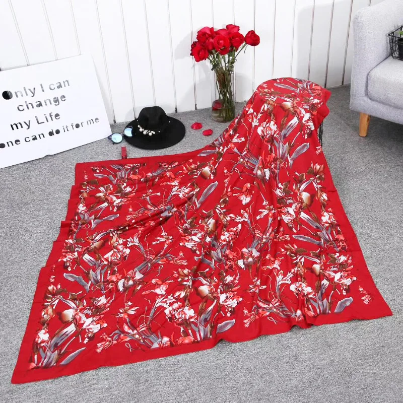 Red Silk Scarf Women's Hijab Luxury Brand Floral Designer Twill Square Scarves Fashion Wrap Large Shawls&Stoles 130*130cm New