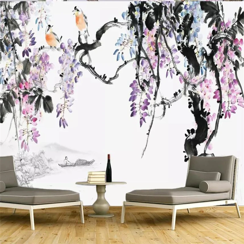 

wellyu New Chinese ink wisteria landscape TV background wall custom large mural green wallpaper papel de parede para quarto