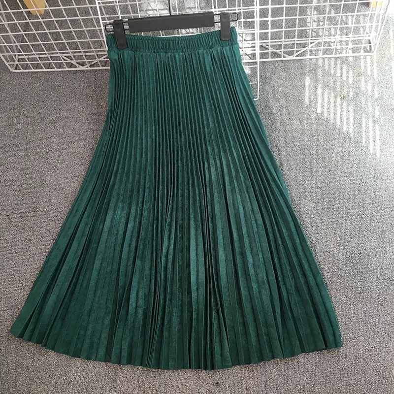 2022 Hot Brand High Quality Women Suede Skirt Autumn High Waist Long Pleated Skirts Womens Saias Faldas Vintage Women Midi Skirt