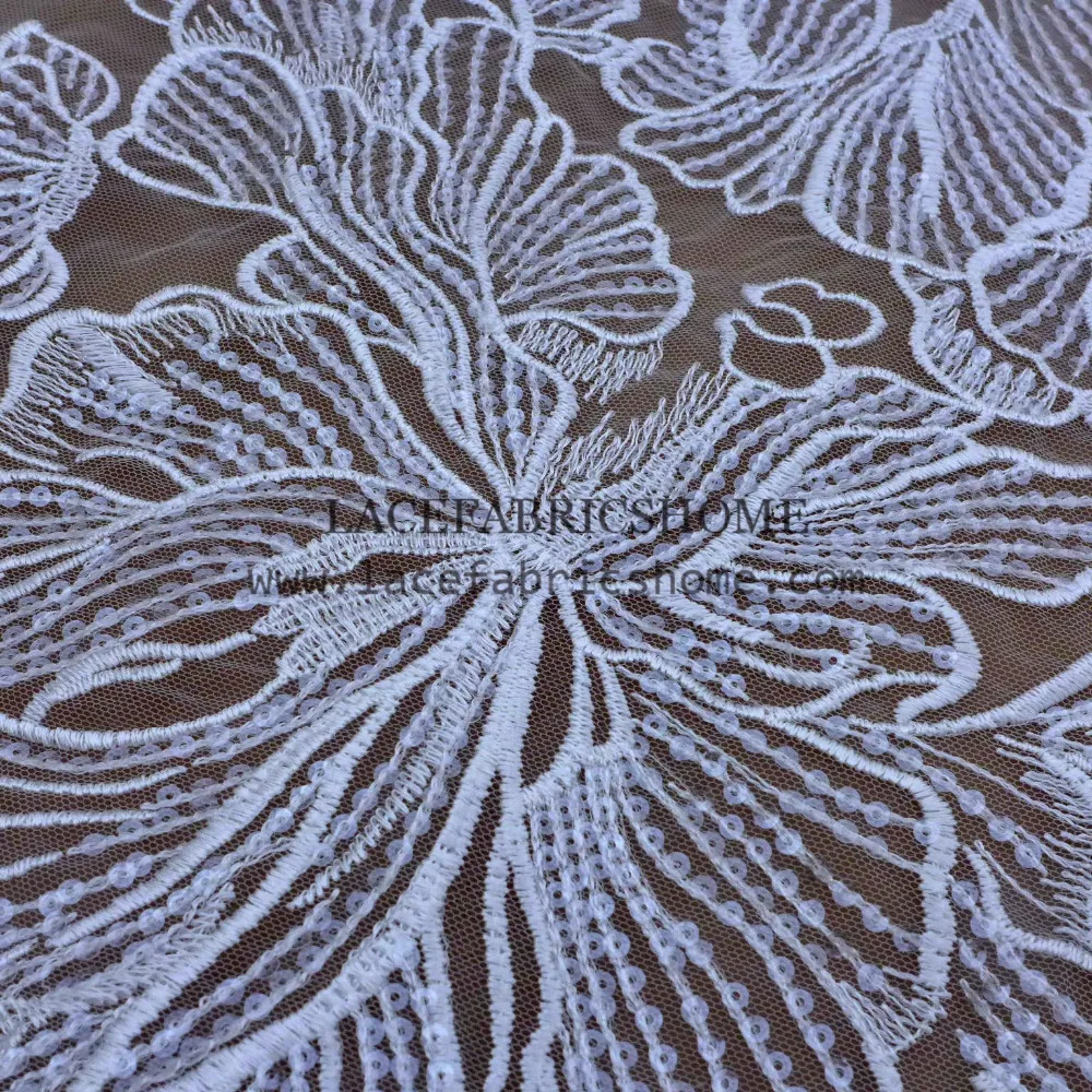 

New off white large leaves pattern with sequins embroidery on tulle wedding dress/party dress lace fabric 130cm by yard