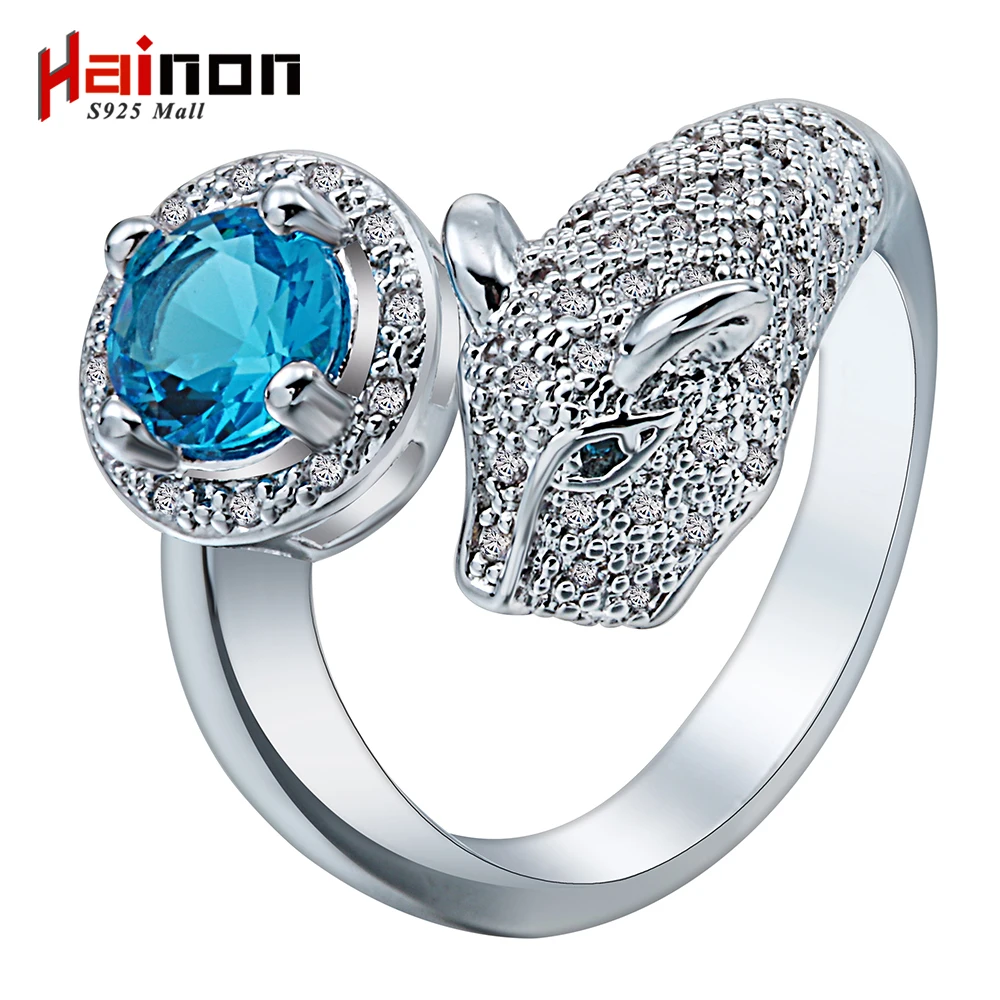 Hot Sale Distribution silver Plated leopard head rings Fashion Jewelry animal blue crystal cz men wedding ring for women