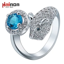 Hot Sale Distribution silver Plated leopard head rings Fashion Jewelry animal blue crystal cz men wedding ring for women