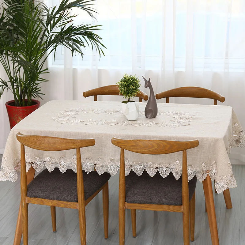 Plain Colour Tablecloth Cotton Linen Pure Light Gray European Style Cover Map Lace Hem Washable Table Cloth for Tea Table