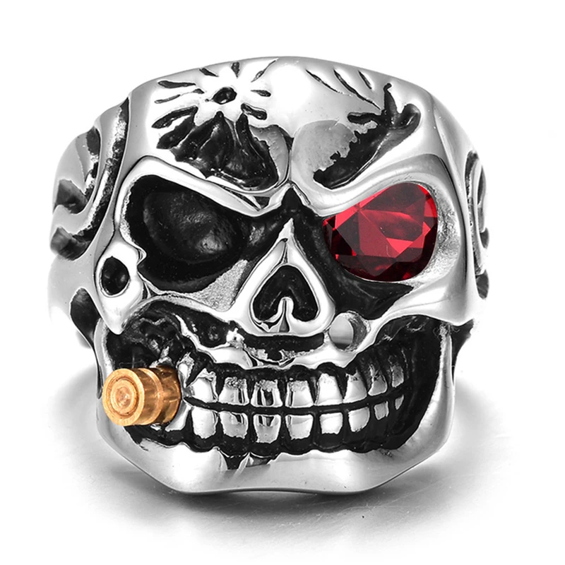 ZRM Fashion Gold Smoking Pipe Biker Men's Rings Rock Punk Skull Ring Clear Red Zircon Eye Plating Rings Jewelry For Men