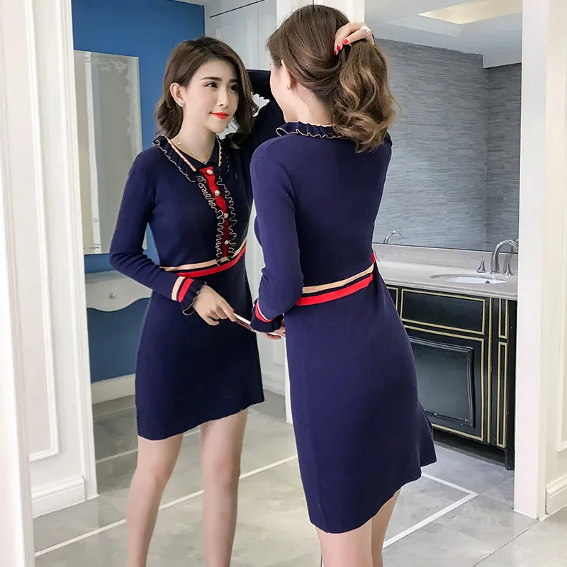 New Fashion Pleated Lace Dress Temperament Thin, Knitted Dress Flounced V Collar Dress Long Butterfly Sleeve Dress