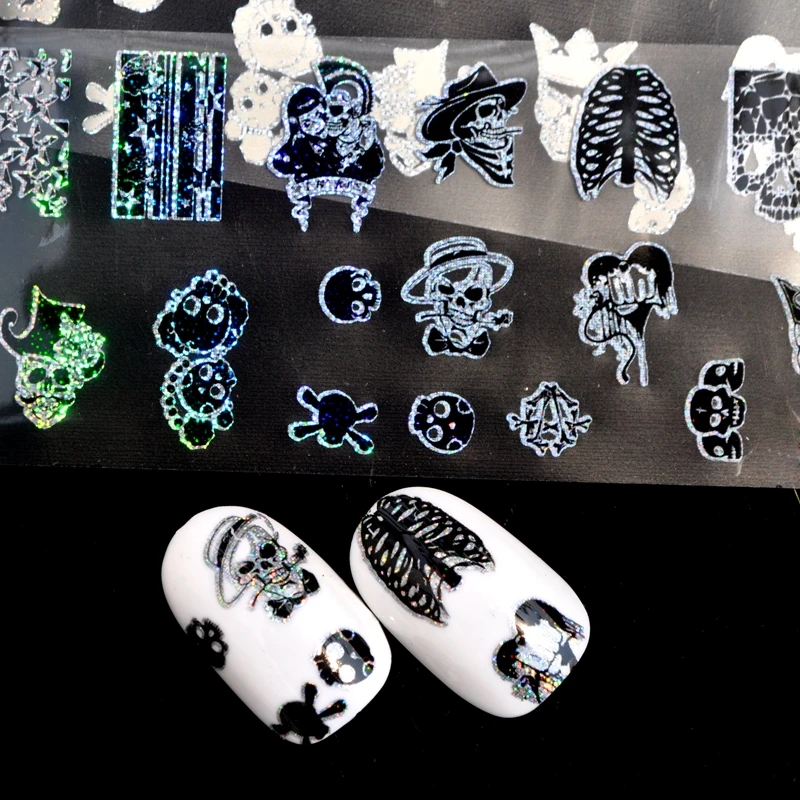 Nail Foil 100*4cm Skull Head Cute Design Punk Style Zombie Stickers Glue Transfer Nail Design Halloween Decoration