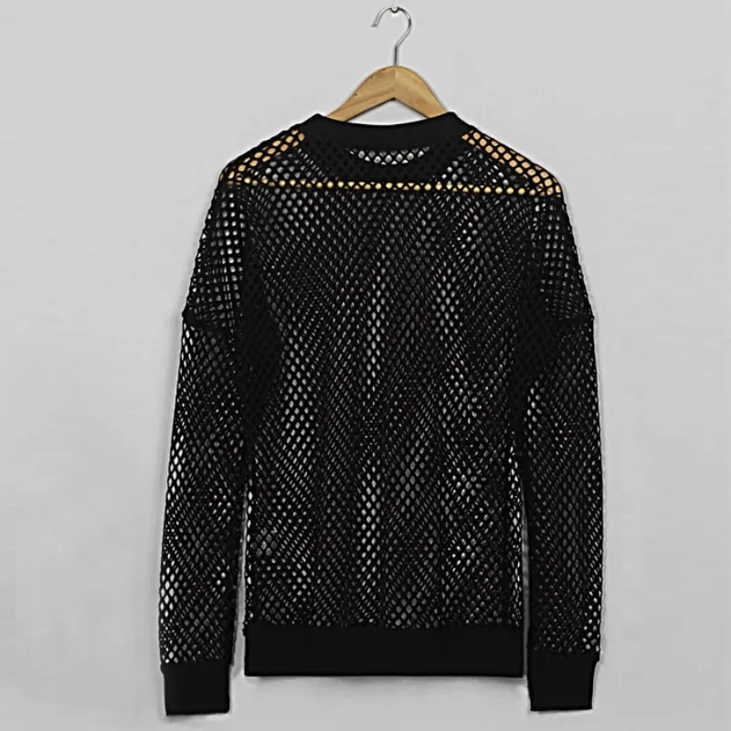 Gothic Hollow Out Men Summer Long Sleeve T-shirt High Street Fishing Net See Through Sexy Male Tops Tees Casual Short Sleeve Top