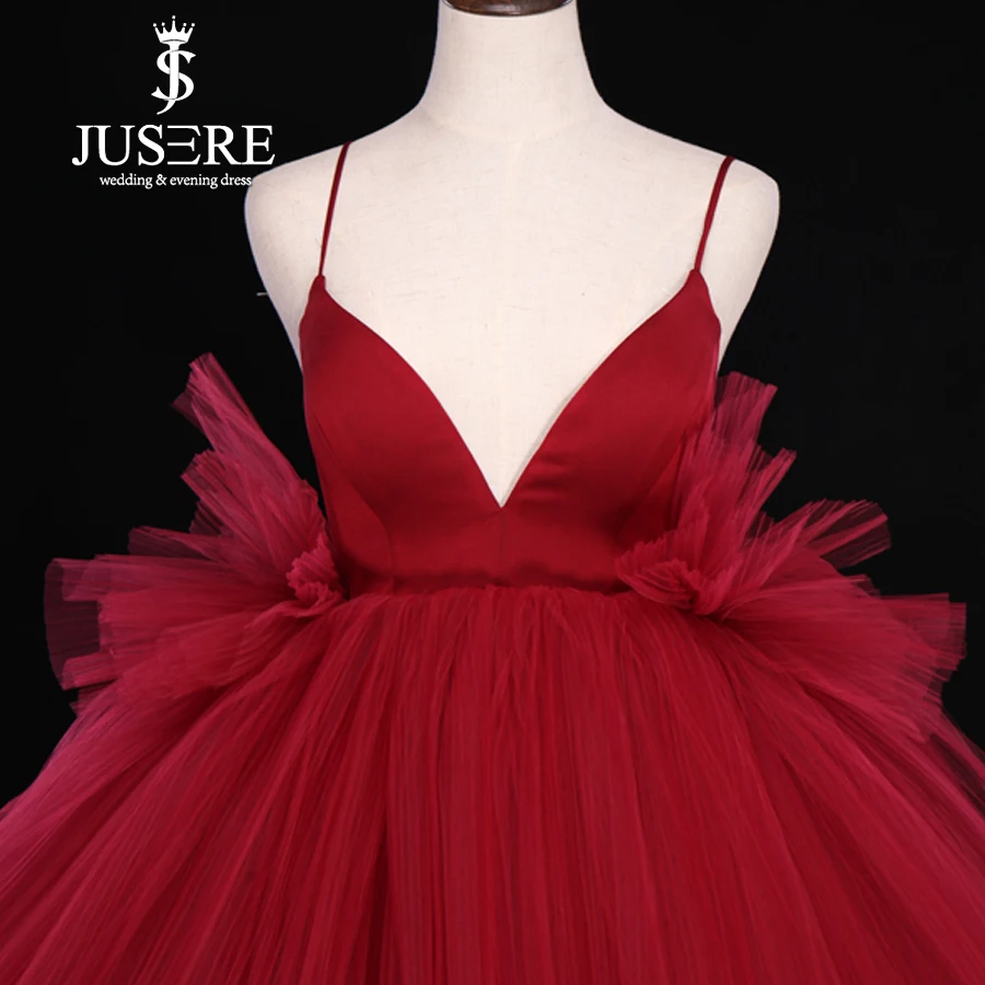 Alto Basso Della Cinghia di Spaghetti A File di Tulle rosso di Un Personaggio Famoso Treno Lungo Sexy vestito Da Promenade Della Signora Wear Abiti Da Sera 2019 robe de soiree