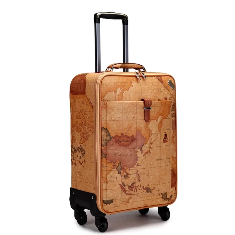 Vintage map 16/18/20/22/24 inch 100% PU Rolling Luggage Spinner brand Travel Suitcase with padlock Men trolley luggage