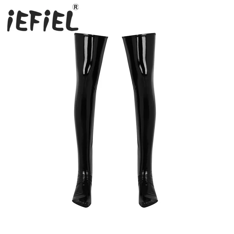 

iEFiEL Mens Sexy Anti-skid Soft Elasticity Wetlook Patent Leather Thigh High Footed Stockings Clubwear Costume Cosplay Socks