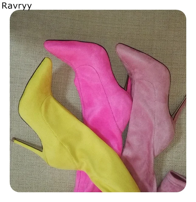 Candy Color Elastic woman\'s long boots suede leather pointed toe thin heel autumn over-the-knee boot party club female shoes