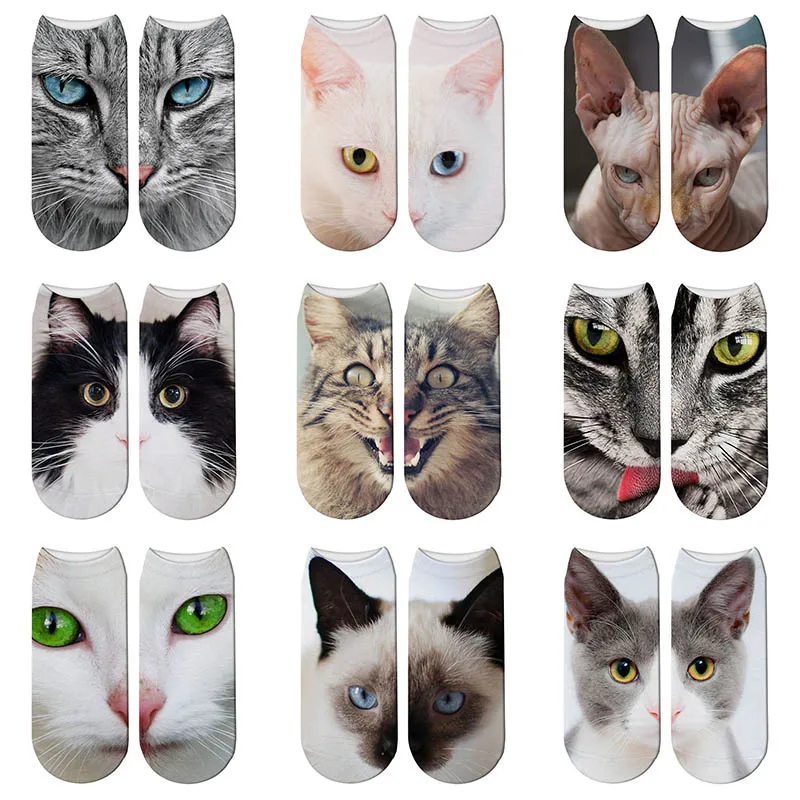 New 3D Cats Face Printed Women Socks Unisex Fashion Creativity  Harajuku Cotton Short Socks Funny Animal Soft Low Ankle Socks