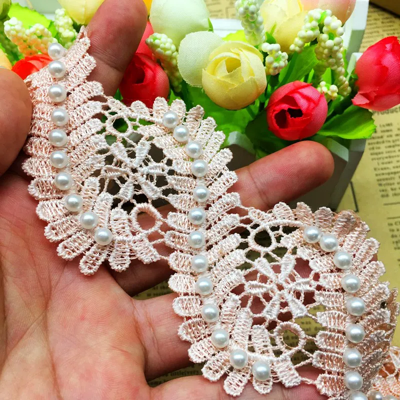 10Pcs Pink Centipede Flower Pearl Embroidered Lace Trim Ribbon Floral Applique Fabric Handmade DIY Wedding Dress Sewing Crafts