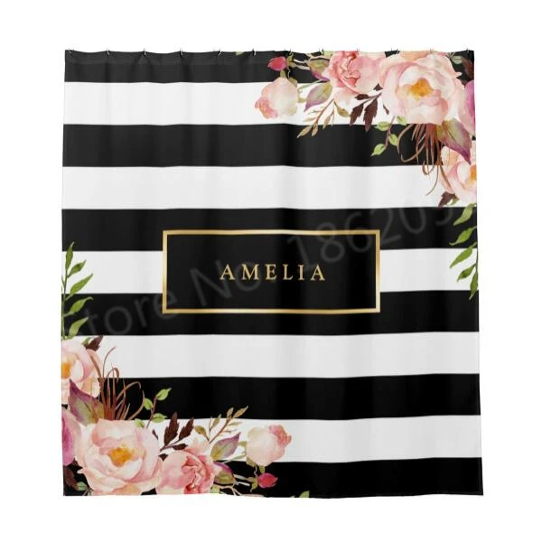 Stylish Black White Stripe Floral Shower Curtains Personalised Gold Bathroom Curtain Classy Modern Custom Bathroom Decor Gifts