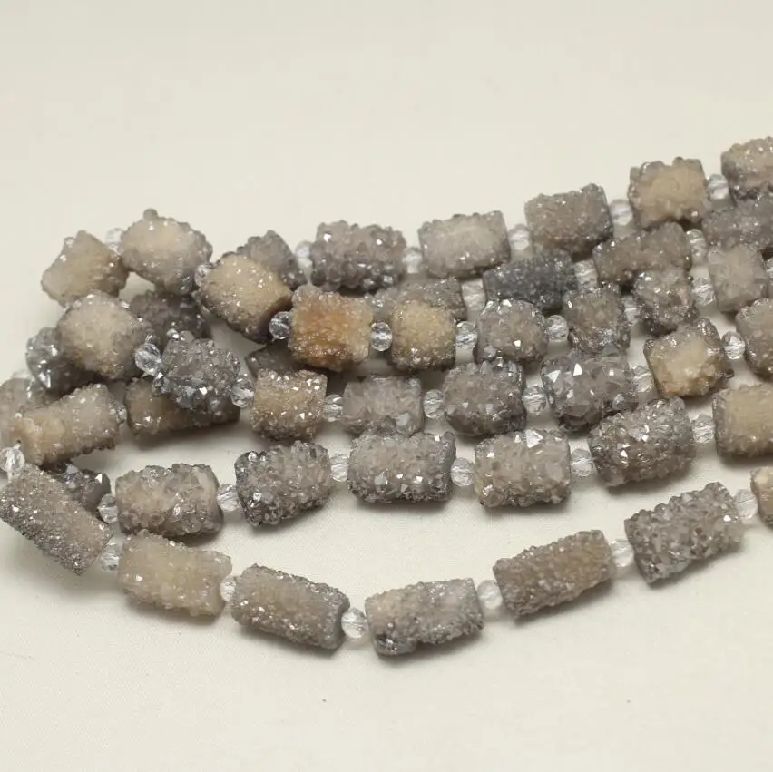 4 Colors Titanium Natural Druzy Achate Freeform Cyinder Beads,Full Strand,Center Drilled Rough Geode Drusy Stone Nugget Beads