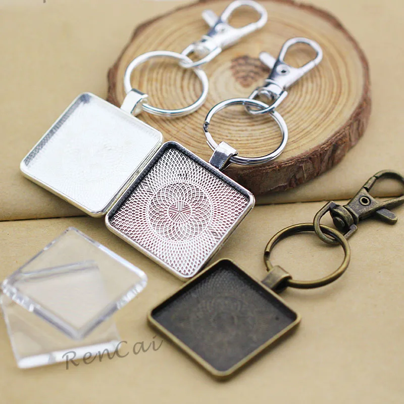 

10Kits/Lot 30mm Key Chain Kits Square Pendant Trays Setting Blank+25mm Key Split Rings+30mm Clear Glass Cabochon+Lobster Clasps